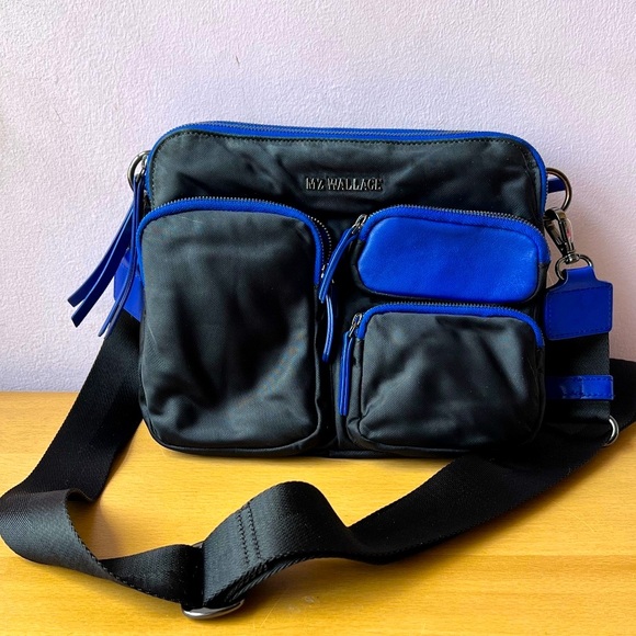 MZ WALLACE BOWERY NYLON SHOULDER BAG BLACK CERULEAN BLUE TRIM PRISTINE CONDITION